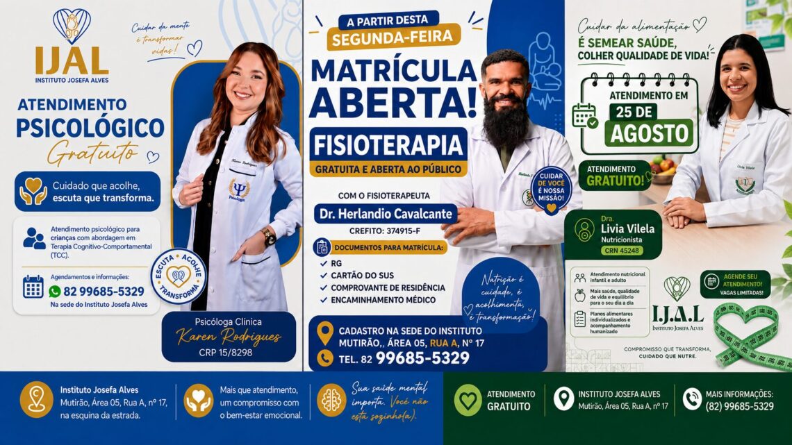Instituto Josefa Alves abre inscrições para atendimentos gratuitos de fisioterapia, psicologia e nutrição