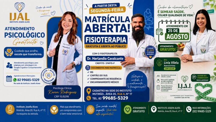 Instituto Josefa Alves abre inscrições para atendimentos gratuitos de fisioterapia, psicologia e nutrição